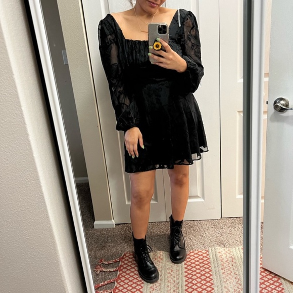 Black Long Sleeve Mini Short Jacquard Smock Dress Size Medium